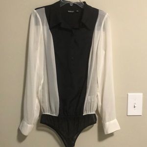Allen B Bodysuit SZ M Black Cream Long Sleeves